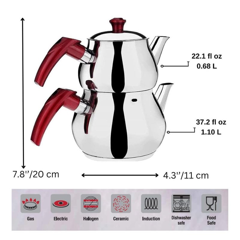 DESTALYA Turkish Teapot Set | Stainless Steel Double Tea Pots for Stove Top | Tea Maker with Strainer | Samovar Style Tea Kettle | Water Heater (Mini with Red Handles) - Image 3